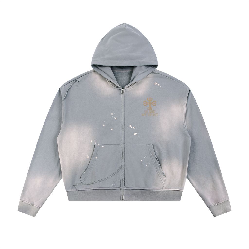 Sun Fade Frayed Raw Edge Fleece Zip Hoodie