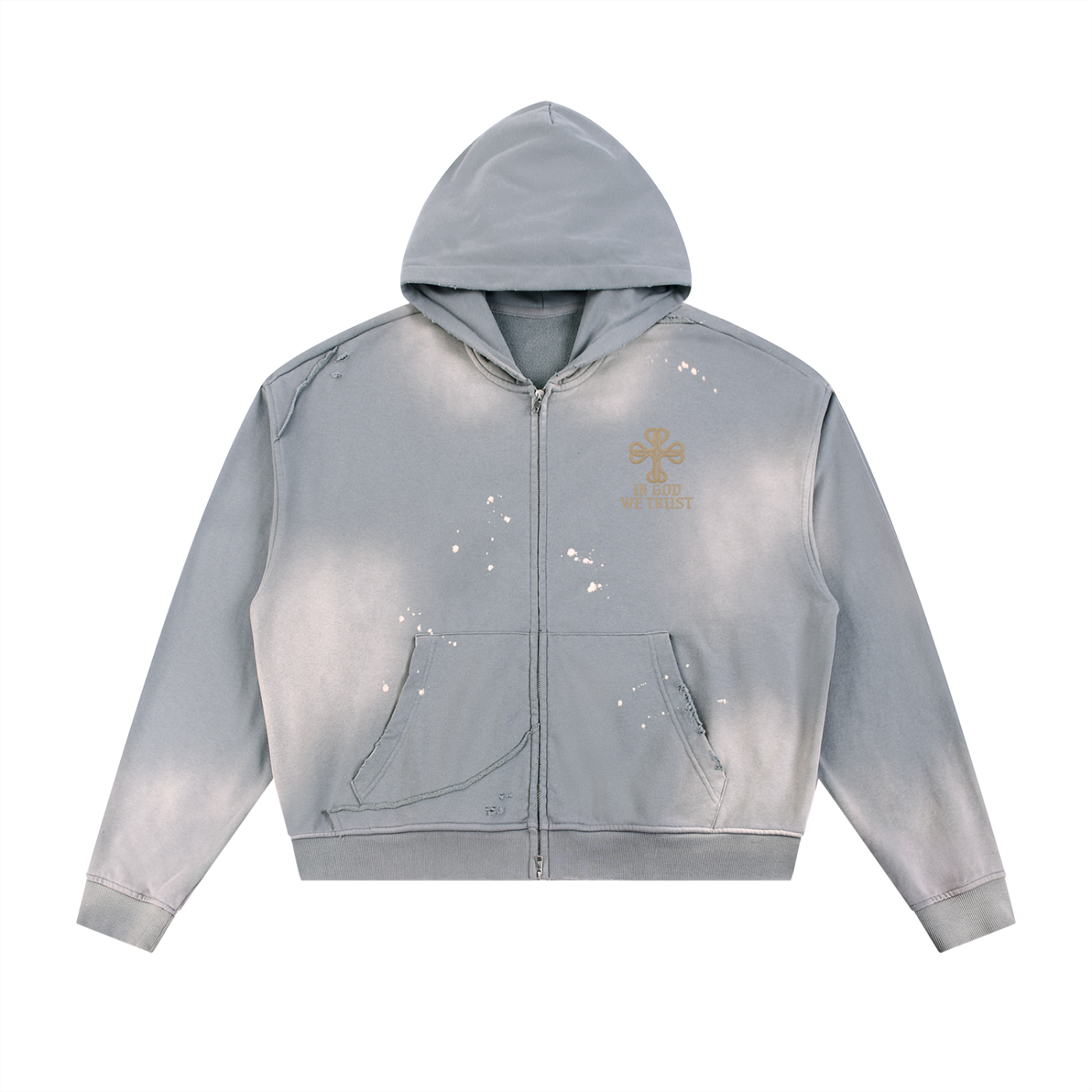 Sun Fade Frayed Raw Edge Fleece Zip Hoodie