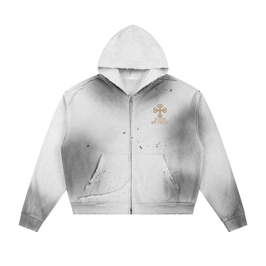Sun Fade Frayed Raw Edge Fleece Zip Hoodie